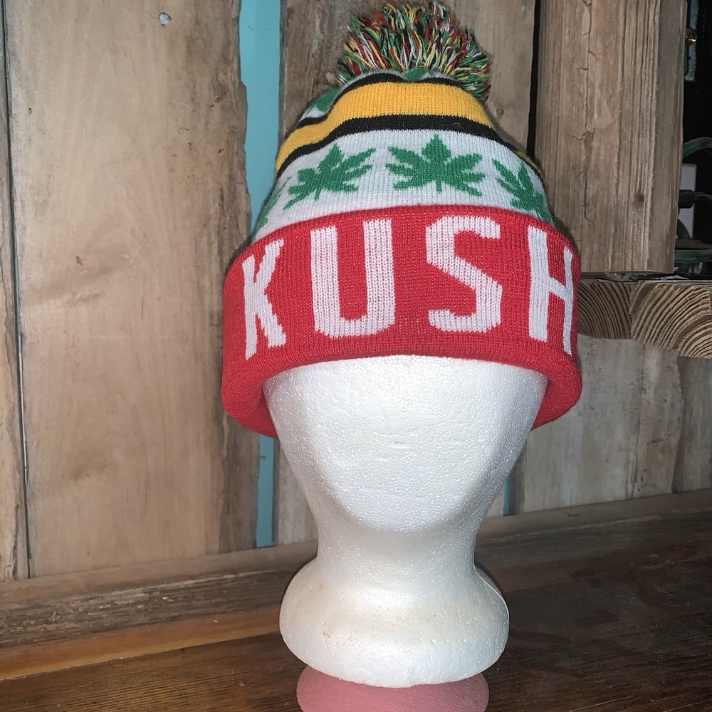 KUSH Marijuana Leaf Knit Beanie Hat Pompom Winter Warm Acrylic Cap Multicolored
